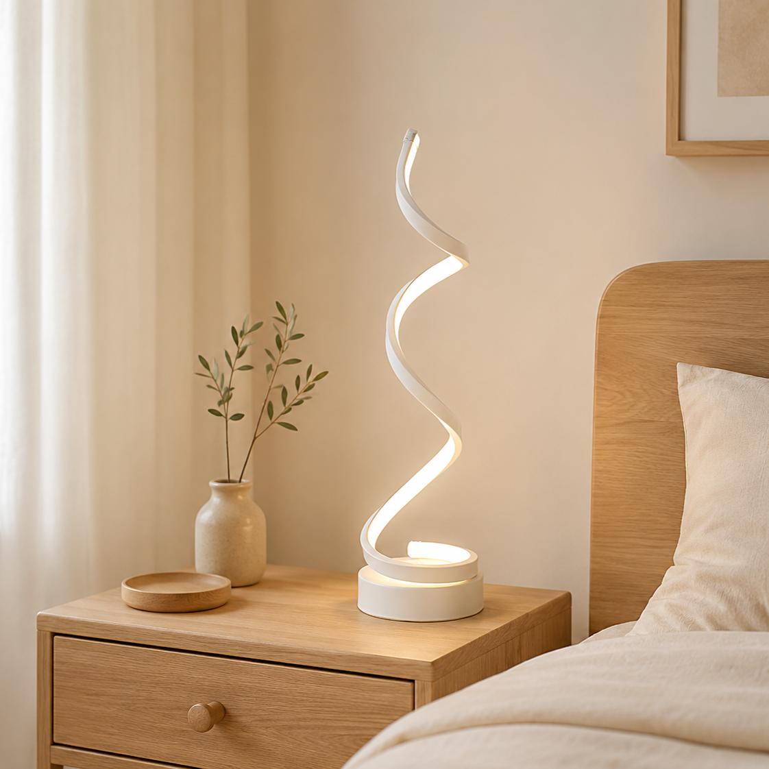 Modern Spiral LED Table Lamp | Bedside Reading Lamp with Dimmer & Remote