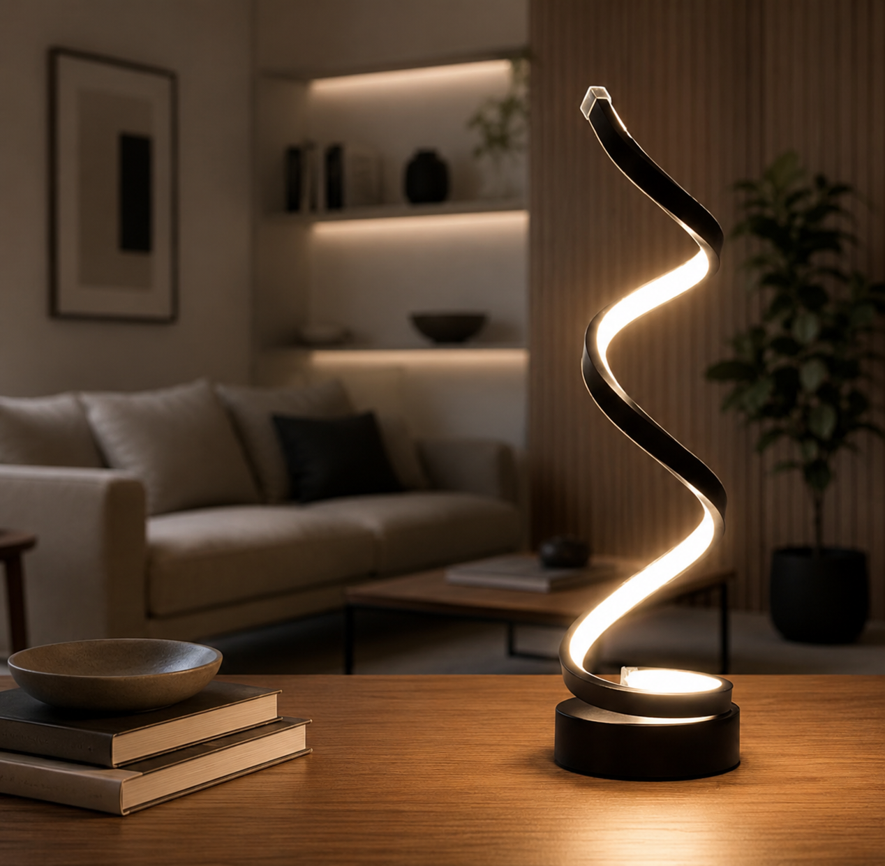 Modern Spiral LED Table Lamp | Bedside Reading Lamp with Dimmer & Remote