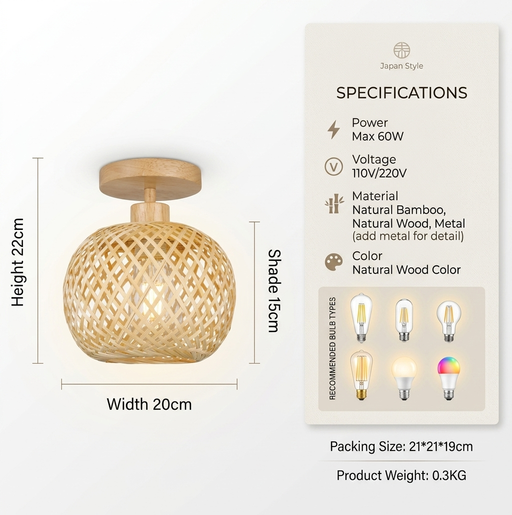 Natural Bamboo Ceiling Lamp Japanese Style – Warm Light LED Pendant for Hallway & Entryway