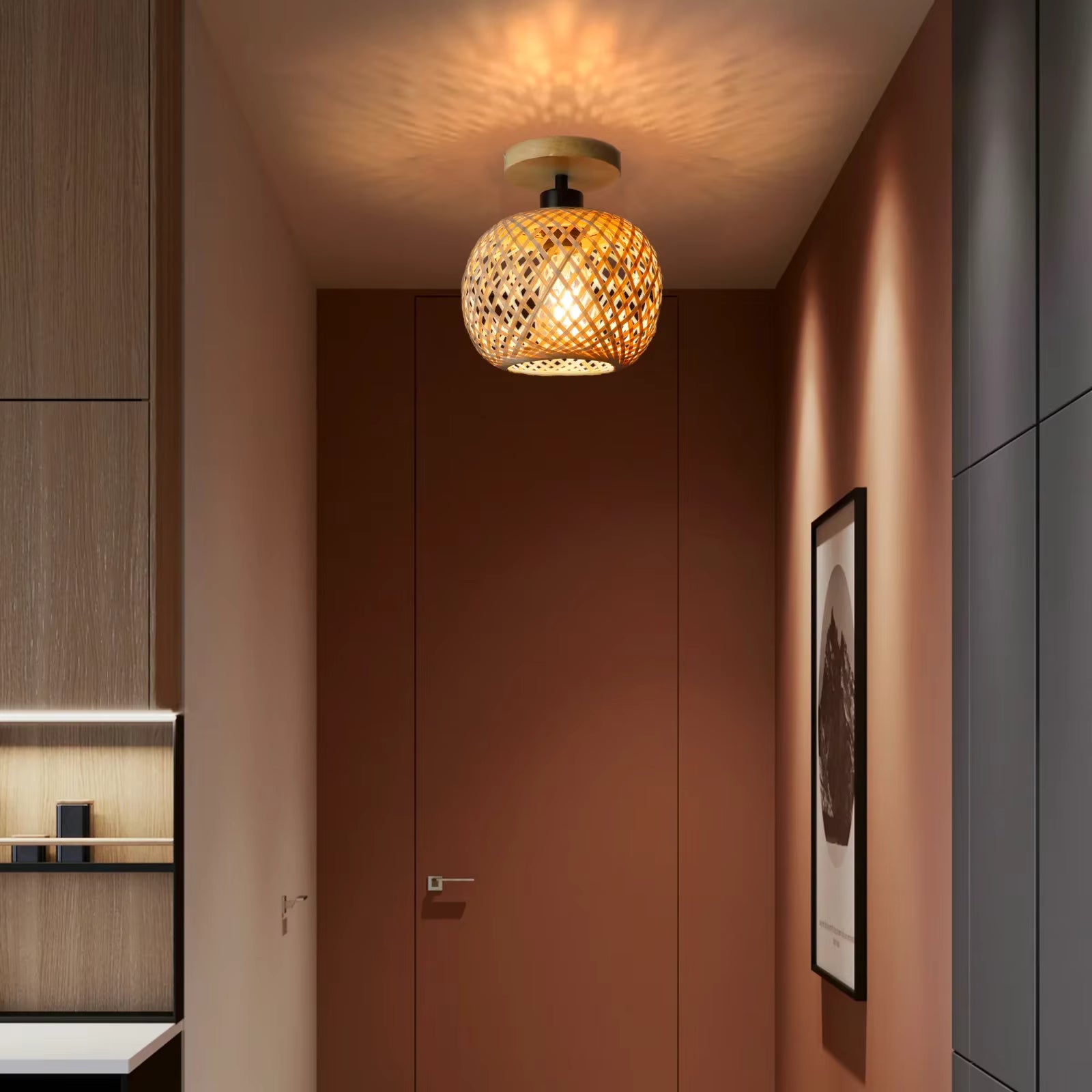 Natural Bamboo Ceiling Lamp Japanese Style – Warm Light LED Pendant for Hallway & Entryway