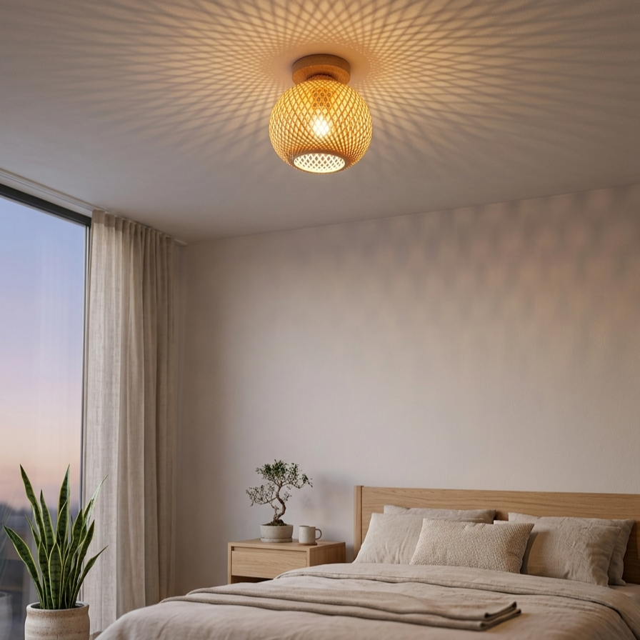 Natural Bamboo Ceiling Lamp Japanese Style – Warm Light LED Pendant for Hallway & Entryway
