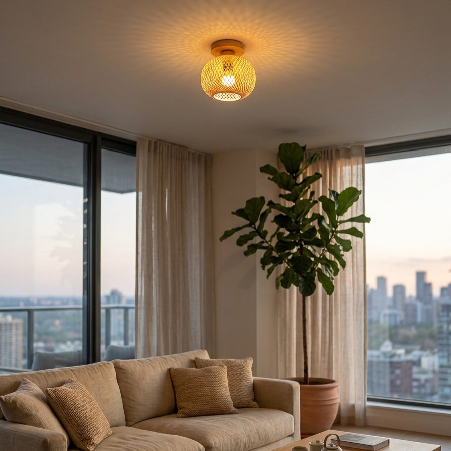 Natural Bamboo Ceiling Lamp Japanese Style – Warm Light LED Pendant for Hallway & Entryway