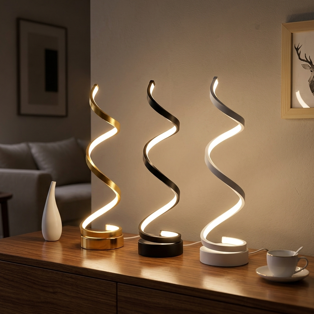 Modern Spiral LED Table Lamp | Bedside Reading Lamp with Dimmer & Remote
